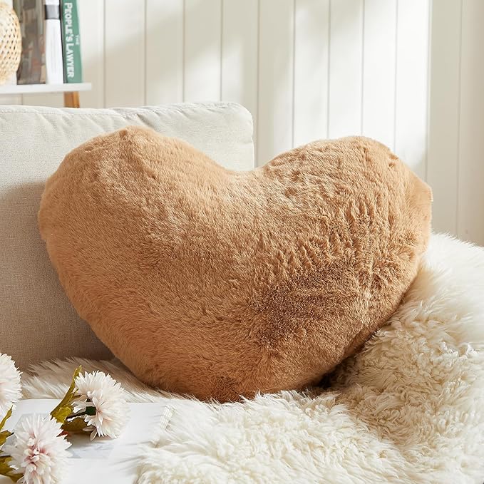 EastTree Heart Pillows, Khaki Heart Shaped Pillows, Ultra Soft Extra-Large Fluffy Pillows, Love Throw Pillows Gifts, Women Girls Living Room Decor 15x18 Inch