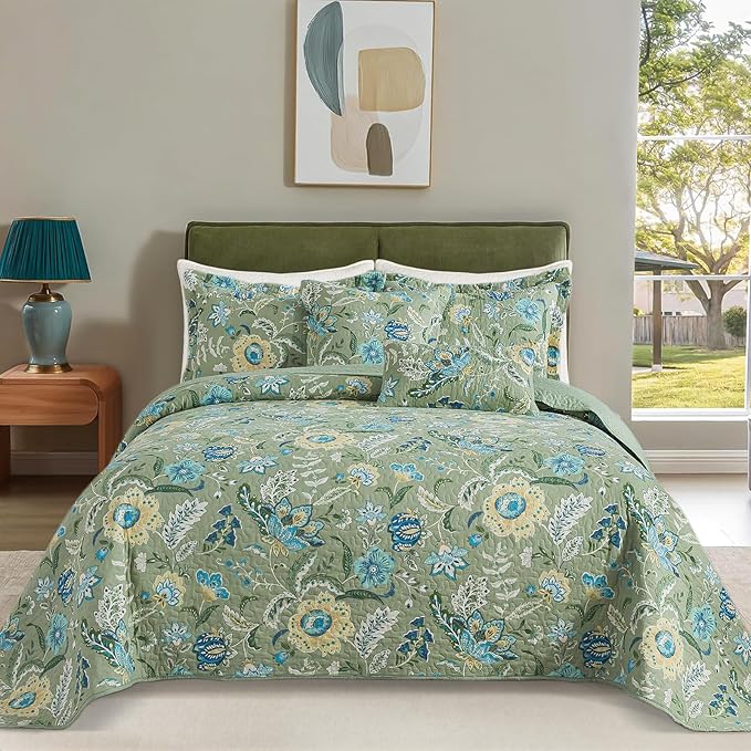 BEDIFANY Farmhouse King Quilt Bedding Set - Cotton Lightweight Bedspread with Floral Pattern, 98x106 Inch All Season Coverlet Set, 3 Piece (Quilt + 2 Pillow Shams)