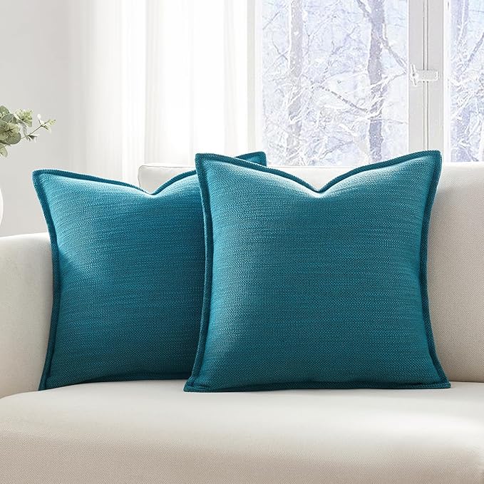 Meekio Set of 2 Teal Pillow Covers 20x20, Linen Look Throw Pillow Covers with Flange Edge for Sofa Couch Living Décor