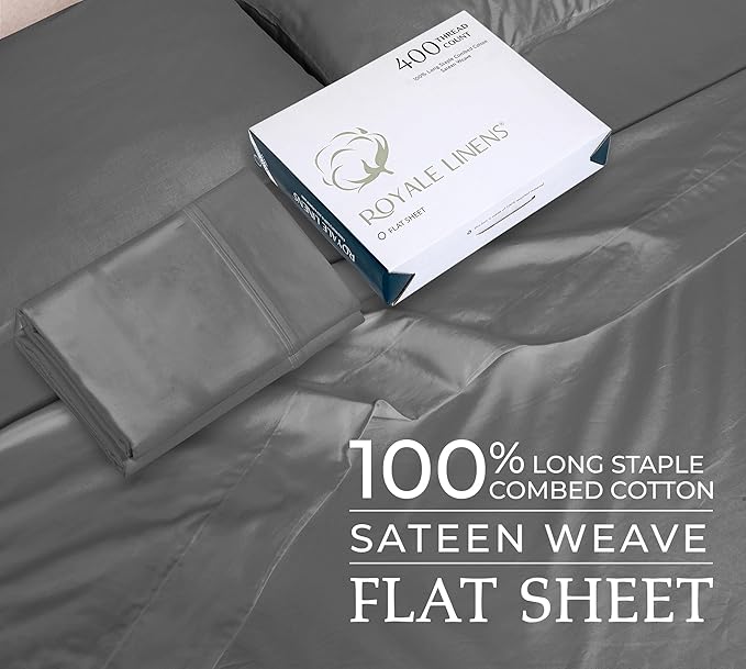 400 Thread Count 100% American Grown Cotton Grey Flat Sheet Only - Cooling Sheets - Luxury Sateen Weave - Queen Size Flat Sheet Sold Separately - Super Soft Cotton Top Sheets (Queen, Spanish Slate)