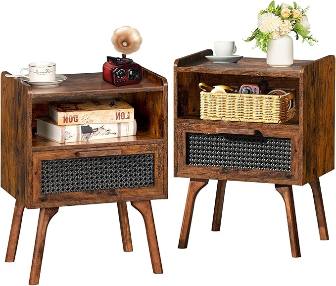 Lerliuo Rattan Nightstands Set of 2, Boho Side Table with Drawer Open Shelf, Cane Accent Bedside End Table with Solid Wood Legs for Bedroom, Dorm and Small Spaces (Brown)