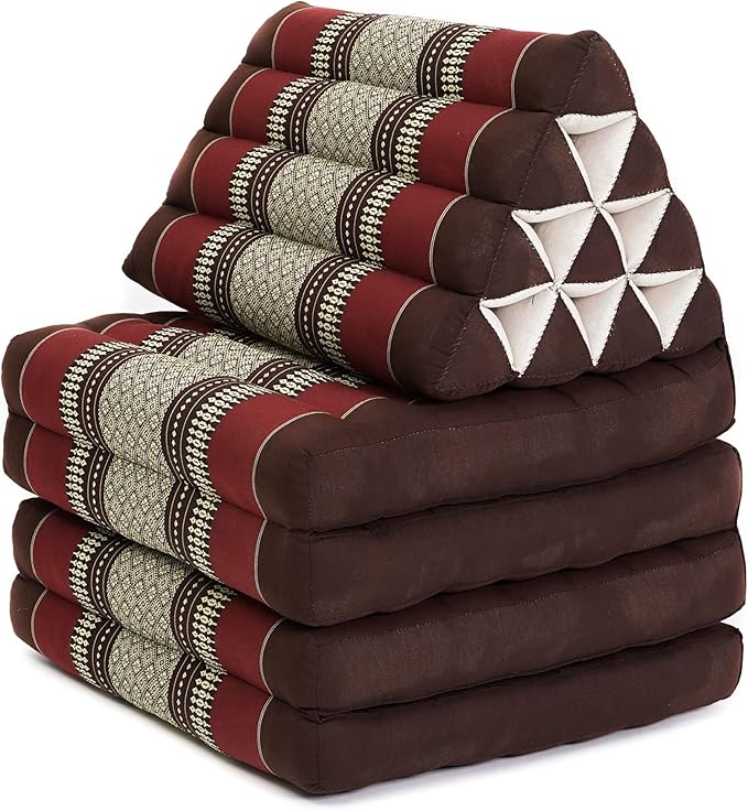 Leewadee Comfortable Japanese Floor Mattress - Thai Floor Bed with Triangle Cushion - Futon Mattress - XL Extra Long Thai Massage Mat, 89 x 20 inches, Brown Red, Kapok Filling