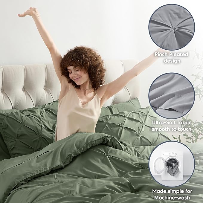 Nestl Pinch Pleated Comforter Set - 7 Piece Olive Green Bed in a Bag, All Season King Bedding Set with Flat Sheet, Fitted Sheet, Pillowcases and Shams