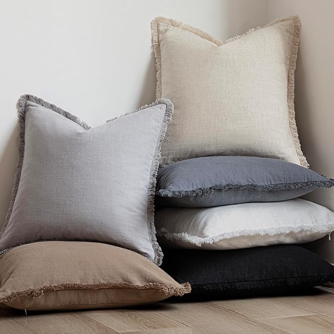 Foindtower Set of 2 Decorative Linen Fringe Throw Pillow Covers Cozy Farmhouse Cushion Cover with Tassels Accent Pillowcase for Couch Chair Sofa Bed Living Room Home Decor,20×20 Inch,Light Rustic Gray