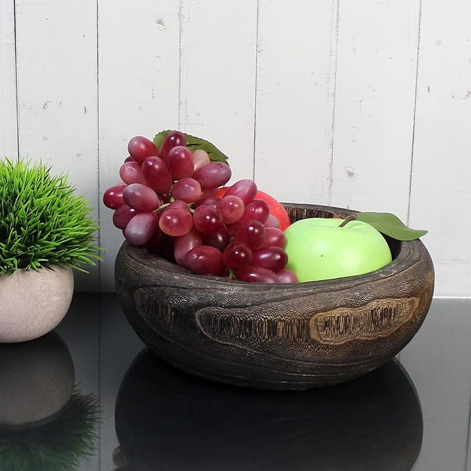 CVHOMEDECO. Primitives Solid Wood Functional and Collectible Bowl Vintage Round Hand Carved Wooden Bowl Rustic Treenware Artworks for Serving Nuts Snacks Fruits or Accent Decor, 9 Inch