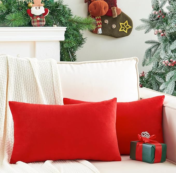 Pack of 2 Christmas Red Pillow Covers 12x20 Inch Decorative Throw Pillow Cover, Velvet Lumbar Pillowcases for Couch Sofa Bed, Home Boho Decor, Modern Soft Cushion Covers