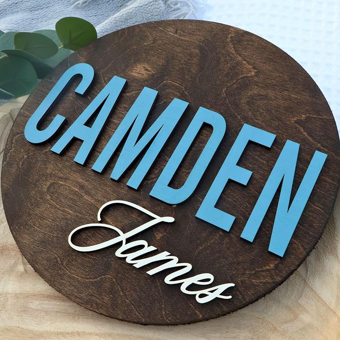 Custom Round Nusery Name Sign, Personalized 3D Baby Name Announcement Sign, Personalized Wooden Wall Plaque, 3D Wall Art for Children & Kids Rooms, Family Name Signs, 30 Colors (Design 10)
