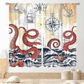 Nautical Octopus Curtains, Coastal Old Pirate Map Sailboat Compass Ocean Wave Kraken Octopus Tentacles Vintage Window Drapery Treatment for Bedroom Living Room Kitchen Bathroom 2 Panels, 63"x63" Inch