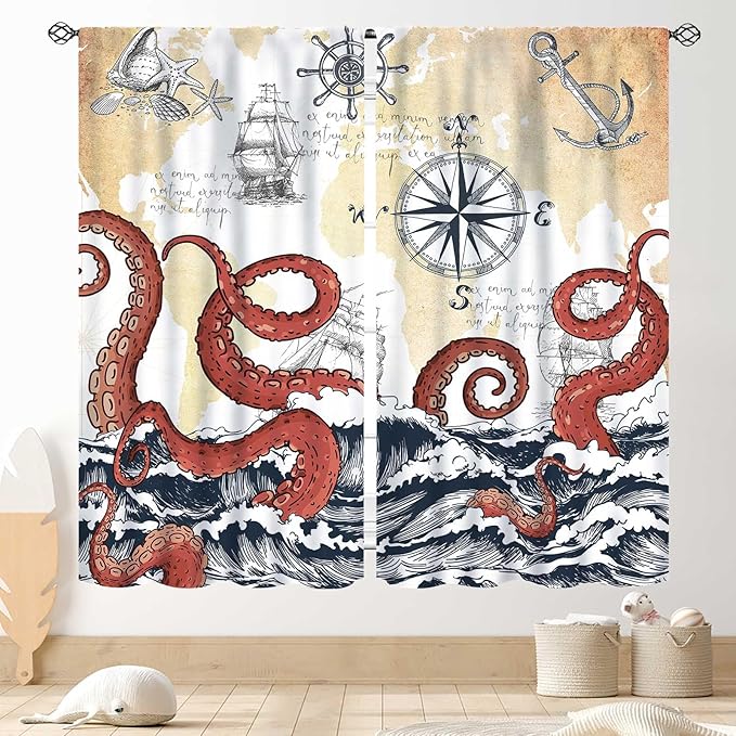 Nautical Octopus Curtains, Coastal Old Pirate Map Sailboat Compass Ocean Wave Kraken Octopus Tentacles Vintage Window Drapery Treatment for Bedroom Living Room Kitchen Bathroom 2 Panels, 63"x63" Inch