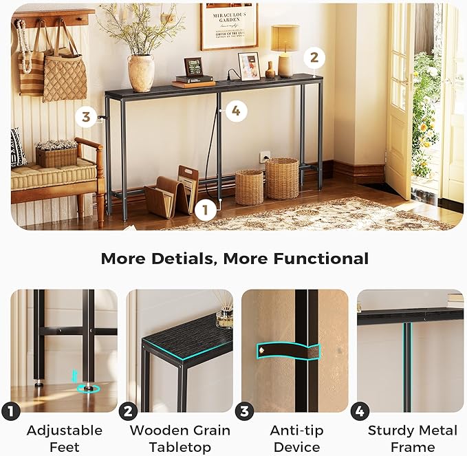 SUPERJARE Console Table with Outlet, 63 Inch Sofa Table with Charging Station, Narrow Entryway Table, Skinny Hallway Table, Behind Couch Table, for Living Room, Plants, Black