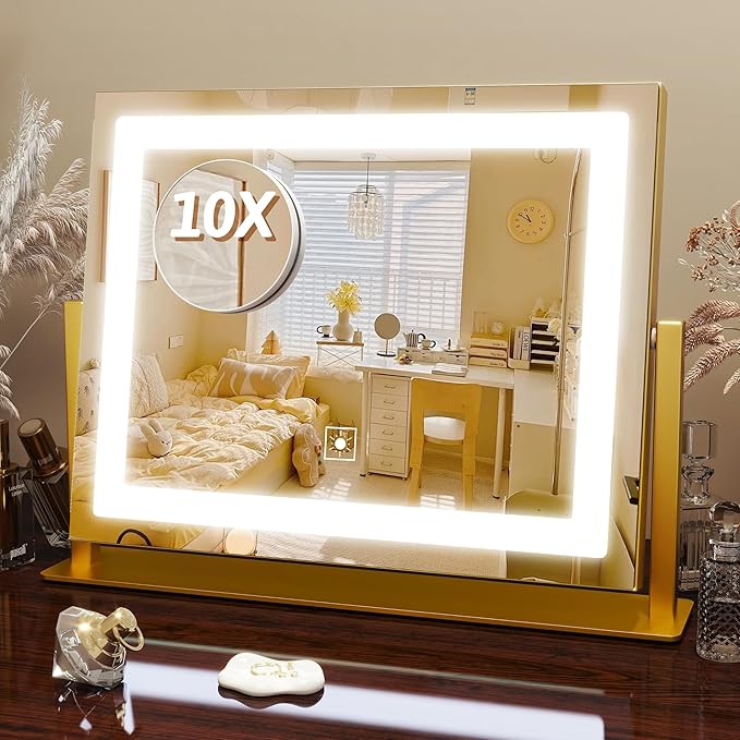 FENNIO Vanity Mirror with Lights, 12" x 16" Lighted Makeup Mirror with Smart Touch Control, 3 Color Modes & Brightness Adjustable, LED Makeup Mirror with 10X Magnification, Square Gold