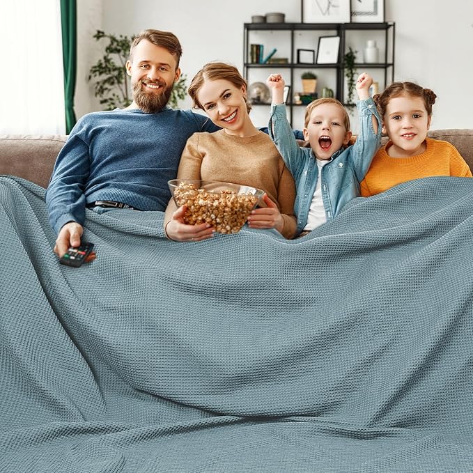 PHF 100% Cotton Waffle Weave Family Blanket,Oversized King Size 120"x 120"-Pre-Washed Snag Proof Lightweight Breathable Moisture-Wicking, 10'x 10' Huge Extra Large Big,Home Decoration Gift-Ocean