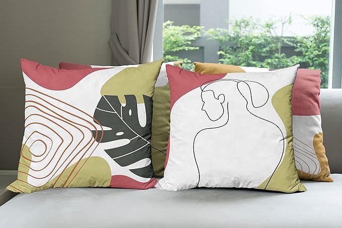 Ambesonne Minimal Throw Pillow Cushion Case Pack of 4, Modern Line Art Woman Portrait Contemporary Leafy Geometric Details, Modern Accent Double-Sided Digital Printing, 20", Olive Green and Dark Coral