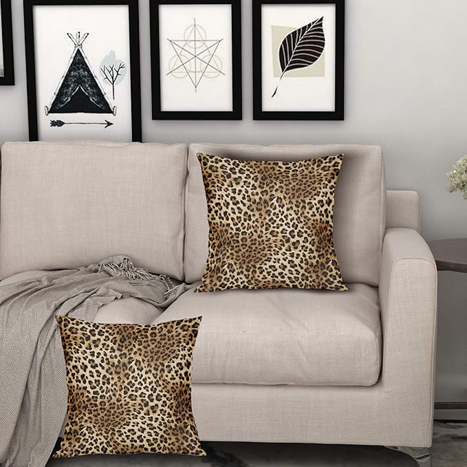 Brown Leopard Throw Pillow Cover - 2 Pcs Cheetah Pillow Case 18x18 inch Cotton Soft Animal Print Pillows Covers Decorative Cushion Cover for Home Couch Bed Sofa Double Side Printed