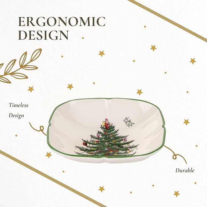 Spode Christmas Tree Sculpted Square Dish - 5.5" Festive Serving Bowl for Holiday Appetizers, Desserts & Seasonal Snacks, Winter Table Décor - Fine Porcelain - Christmas Tableware
