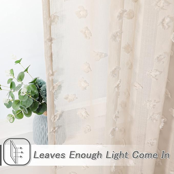 MYSKY HOME Pom Pom Beige Sheer Curtains for Bedroom Girls Room Curtains 72 Inches Long for Nursery Kids Light Filtering Boho Window Drapes, Rod Pocket, 52" Wide, 2 Panels