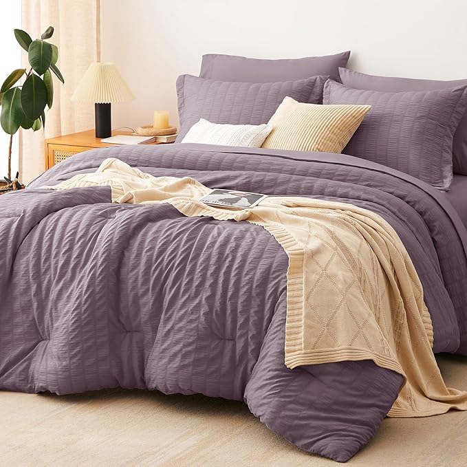 CozyLux Queen Comforter Set Dusty Purple Seersucker 7 Pieces Bed in a Bag Queen Comforter Set with Sheets, Luxury Bedding Sets with Down Alternative Comforter, Sheets, Pillowcases & Shams All Seasons