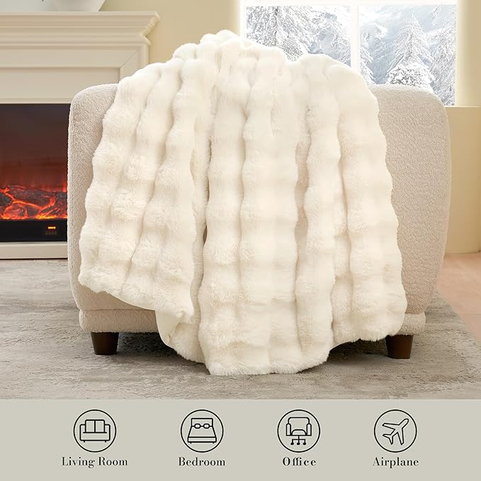 Amélie Home Faux Fur Throw Blanket for Couch, Ultra Soft Fuzzy Plush Bubble Throw for Sofa, Living Room & Home Decor, 50"x60", Cream White