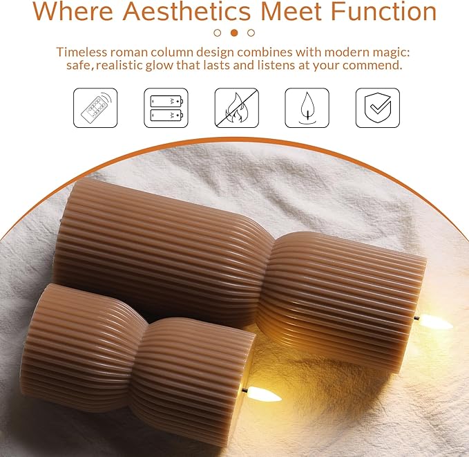 Brown Ribbed Flameless Pillar Candles with Remote, Real Wax Flickering Fall Battery LED Candles Set of 2