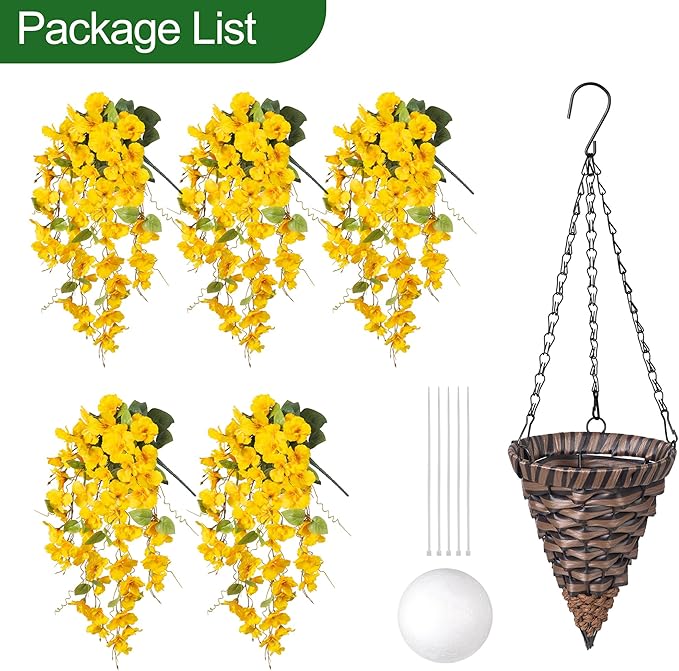 Artificial Hanging Flower Baskets for Fall Decoration, Outdoor Fake Plant Faux Silk Hibiscus Long Vines in Planter UV Resistant Realistic Flowers for Outside Porch Patio Home Decor, Yellow