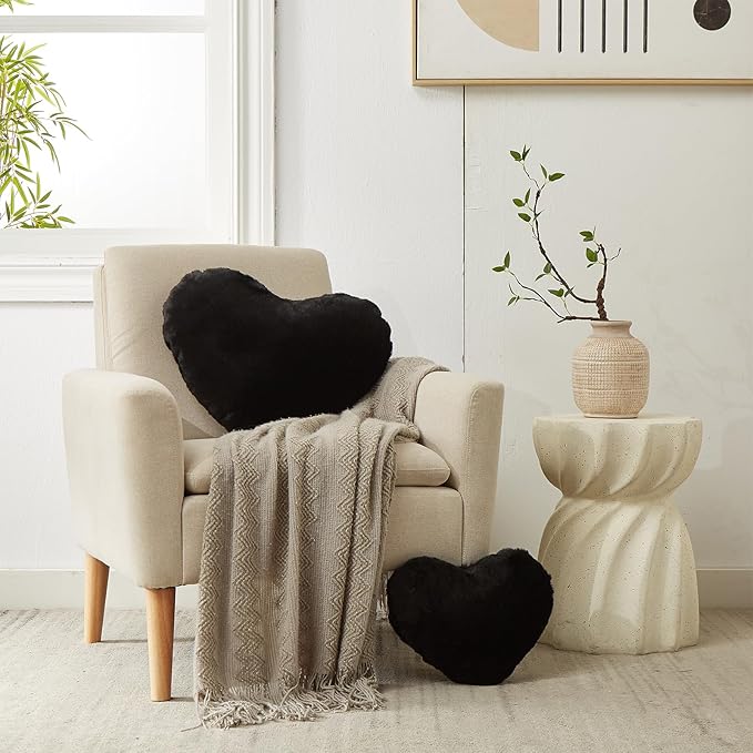 YRXRUS Heart Pillow, Black Heart Pillows, Love Pillow Gifts, 14X17 Inch Large Heart Shaped Pillows, Faux Rabbit Fur Coquette Room Decor Throw Pillows, Living, Bedroom, Indoor Outdoor