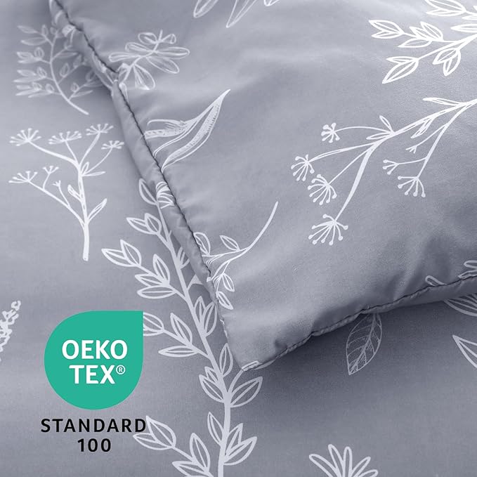 MUXHOMO Light Grey Full Comforter Set, Elegant Floral Print Bed in a Bag 7 Pieces, Ultra Soft & Breathable Reversible Botanical Pattern Bedding Set with Comforter, Sheets, Pillowcases, and Shams