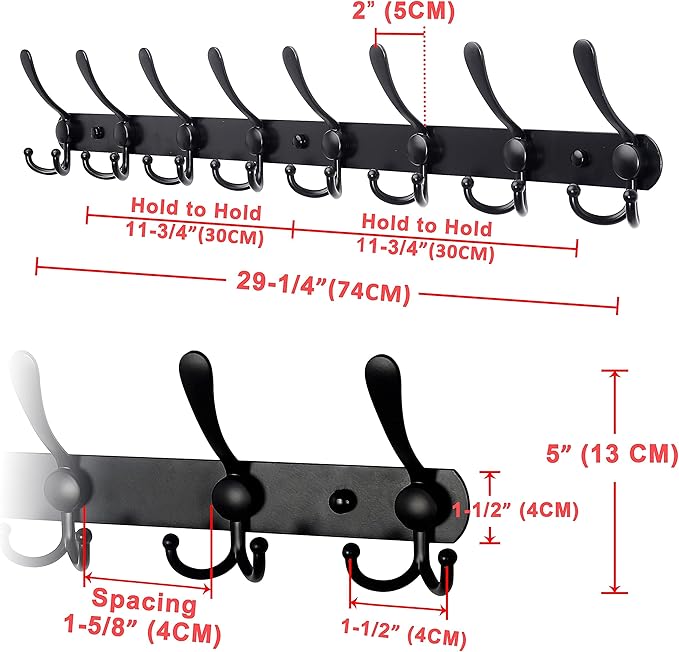 Dseap Coat Rack Wall Mount - 29.5” Long 8-Tri-Hooks Heavy Duty Coat Hanger Rail Wall Hooks for Hanging Coats Hats Clothing Clothes Purse Mudroom Entryway, Black