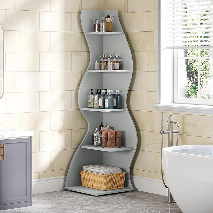 Tribesigns Wavy Corner Shelf, Modern 5-Tier Bookshelf Bookcase with Curvy Shape, Unique Plant Stand Display Rack for Living Room Small Space (Blue)