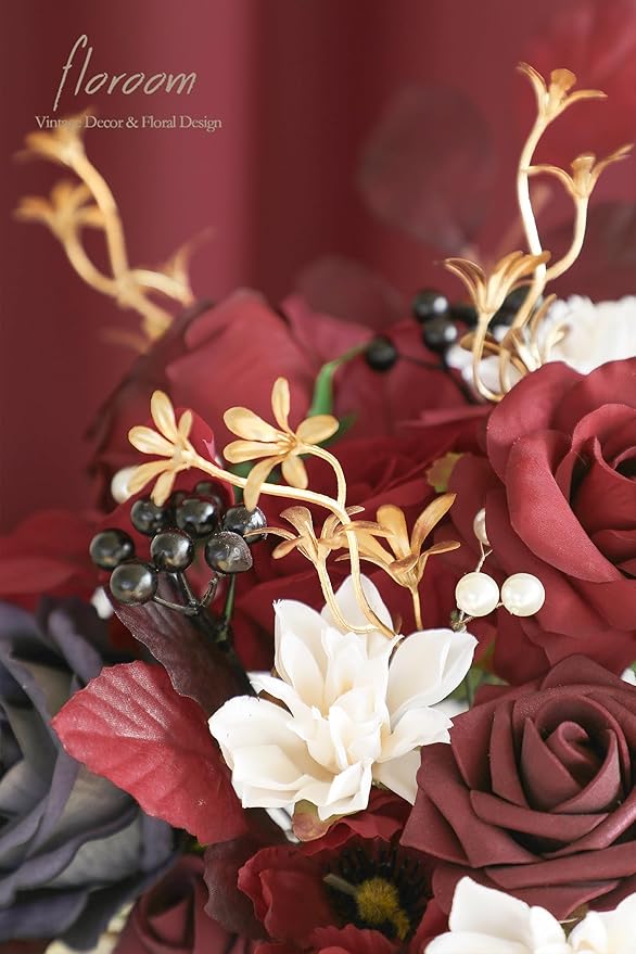 Floroom Artificial Greenery Stems Box Set, 41pcs with 7 Kinds of Faux Greenery Flowers Picks for DIY Bridal Bouquets Wedding Floral Arrangement Table Centerpieces, Marsala & Ivory