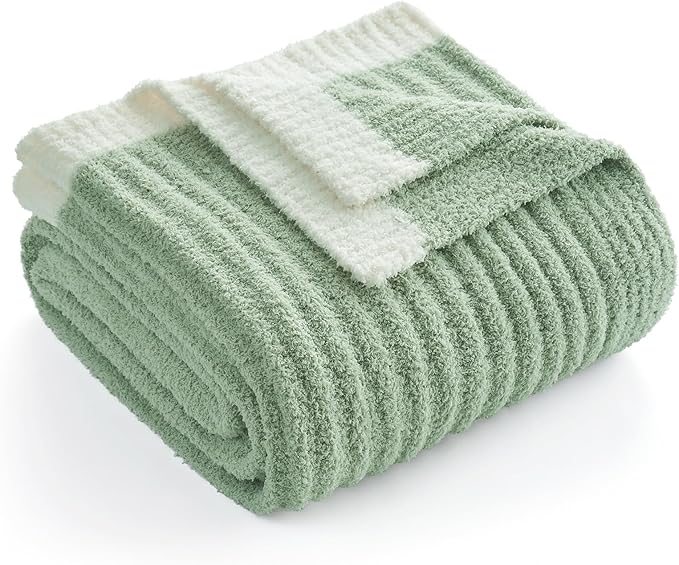 Snuggle Sac Fluffy Ribbed Throw Blanket for Couch, Sage Green, Microfiber Knit Throws for Sofa, Soft Luxurious Fuzzy Warm Blankets for Sofa, Bed, Travel, Sage Green, 50x60 inches