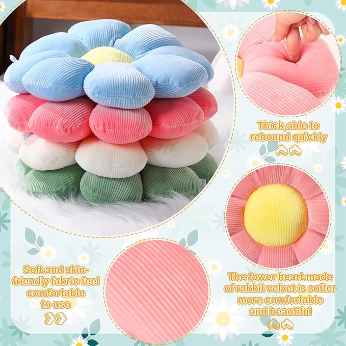Coume 4 Pcs Flower Pillows 15" Cute Plush Flower Throw Pillows Daisy Floor Seat Cushion for Bed Sofa Couch Chair Classroom Corner Office Christmas Room Decor(Pastel)