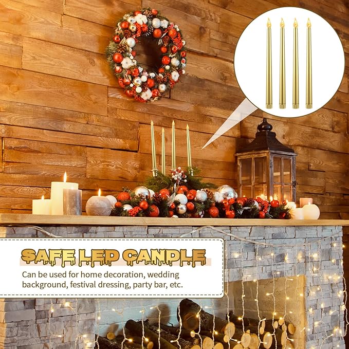 Honoson 4 Pieces Halloween LED Taper Advent Candles Flameless Taper Flickering Candles for Halloween Christmas Advent Rituals Holidays Church, Celebration Home Decor(Gold,Classic Style)