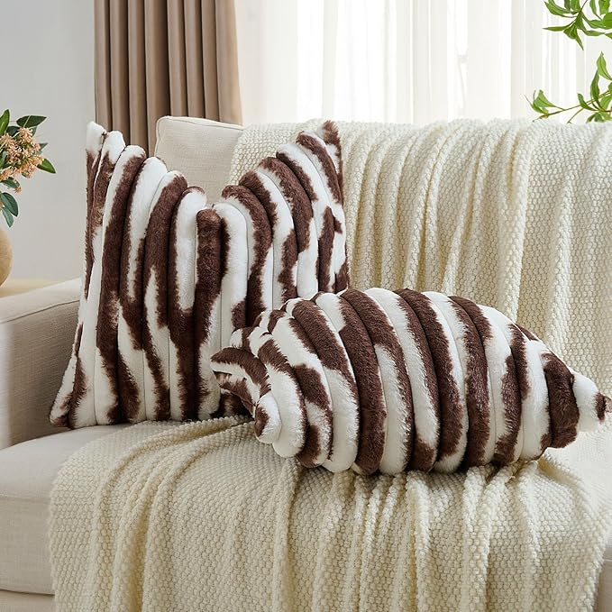 FUTEI Dark Coffee Decorative Throw Pillow Covers 16x16 Inch Set of 2, Soft Tie-Dye Faux Rabbit Fur Striped Texture Cushion Case, Modern Home Decor for Couch Bed Living Room