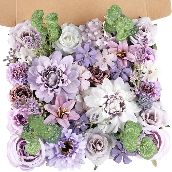 AmyHomie Lavender Artificial Flowers Combo Silk Mix Peony Rose Fake Flowers w/Stem for DIY Wedding Bouquets Centerpieces Arrangements Table Fall Decor Party Bridal Baby Shower Home Decorations