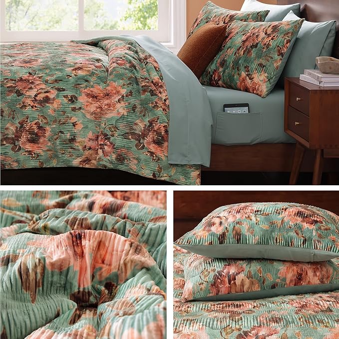 CASAAGUSTO Full Comforter Set, 7 PCS Sage & Red Floral Comforter Set with Flowers Leaves Pattern, Soft Velvet Design for Winter Full Size Bedding Set(80"X90")
