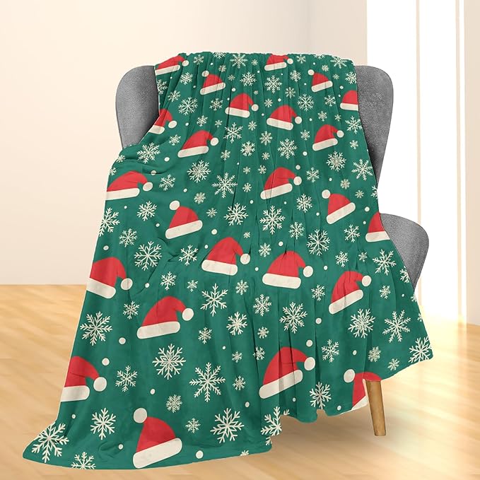 Christmas Santa Hats Blanket, Soft Lightweight Flannel Snowflakes on Green Background Throw Blanket for Couch, Bed, Travel & Decor Gifts, Cozy Warm Fuzzy Holiday Blankets for Women Girls Kids 50×40 in