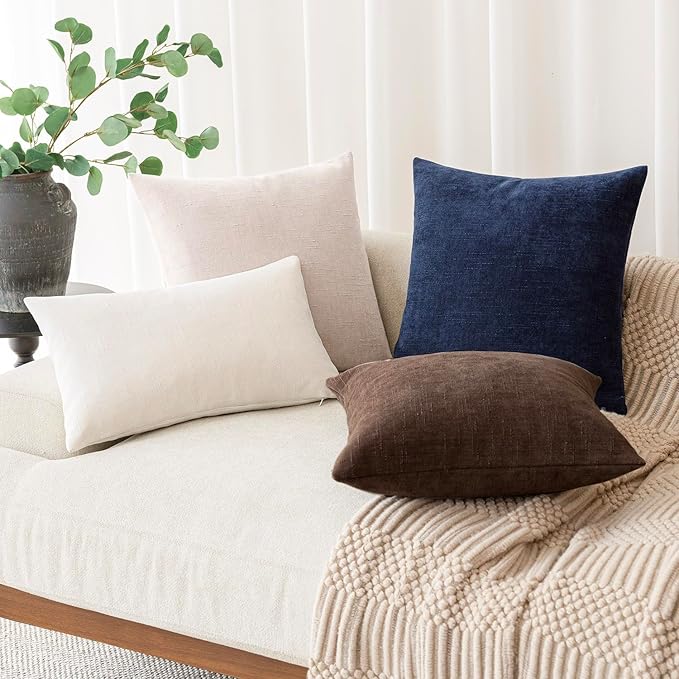Foindtower Set of 2 Soft Textured Chenille Throw Decorative Pillow Covers Square Accent Solid Cushion Cover Cozy Neutral Farmhouse Pillow Case for Couch Sofa Bedroom Living Room 16x16 Inch, Chocolate