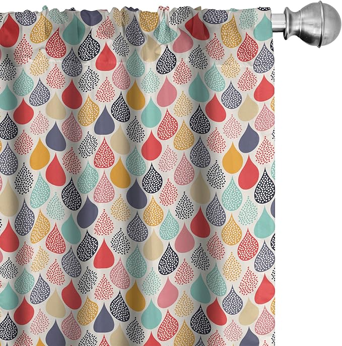 Ambesonne Geometric Window Curtains Pack of 2, Raindrops Doodle Style Creative Leaf Shaped Colorful Girls Theme, Lightweight Set with Rod Pocket, 4 Panels of - 28" x 63", Teal Coral
