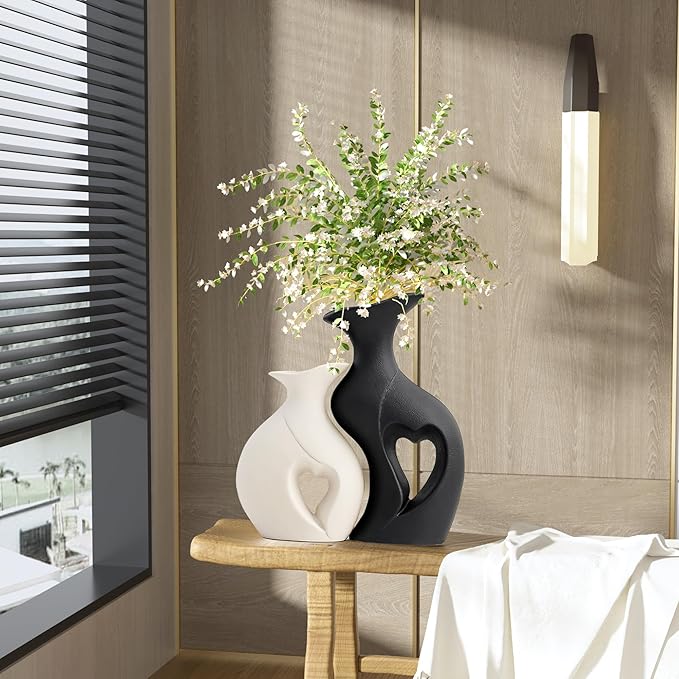 Black and White Vase Heart Shape Ceramic Vase Set of 2,Modern Boho Hollow Flower Vases,Nordic Aesthetic Decor,Decorative Vases for Room,Home Book Shelf,Fireplace,Table Decor