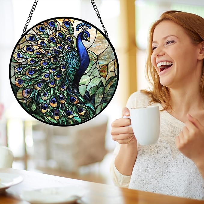 Stained Glass Window Hanging, Turquoise Peacock Sun Catcher for Door Home Decor Blue Green Suncatcher Christmas Mother's Day Birthday Gifts for Women Men Mom and Nana 6.3 in