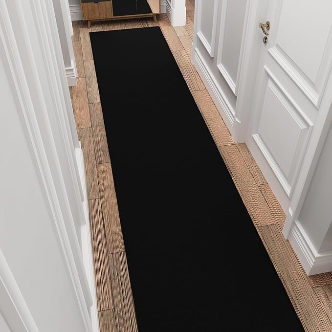 Ottomanson 3x39 Non Slip Extra Long Hallway Runner Rug with Rubber Backing - Solid Modern Kitchen Rug for Bedroom or Living Room, Black, 2'7" x 39'