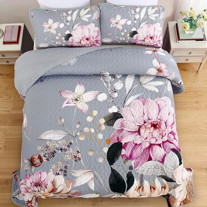 Drucon Floral Quilt Queen Size - 3 Pieces Grey Quilt Botanical Bedspread Soft Lightweight Flower Bedding Set for All Season (96"x90")