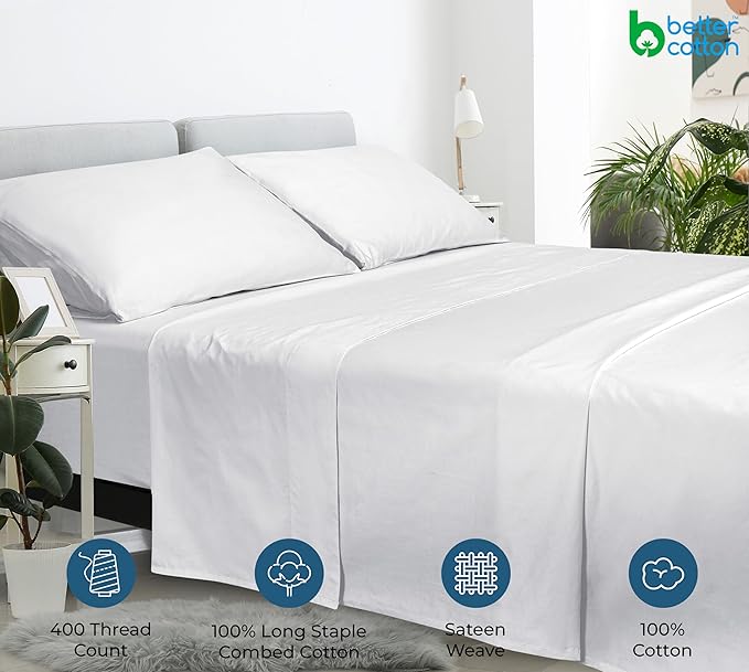 400 Thread Count 100% American Grown Cotton White Flat Sheet Only - Cooling Sheets - Luxury Sateen Weave - Twin Size Flat Sheet Sold Separately - Super Soft Cotton Top Sheets (Twin, Signature White)