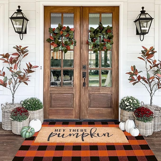 Buffalo Plaid Outdoor Rugs, 3'x5' Orange and Black Checkered Indoor/Outdoor Area Rug, Layering Rug for Hello/Welcome Door Mat, Washable Cotton Woven Farmhouse Mat for Fall Front Porch Décor