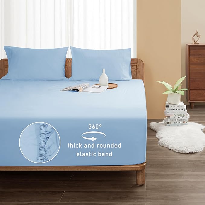 Sunflower Twin Fitted Sheet, 1-Piece Deep Pocket Fitted Bottom Sheet 15", 100% Cotton Sateen Soft Breathable, Powder Blue