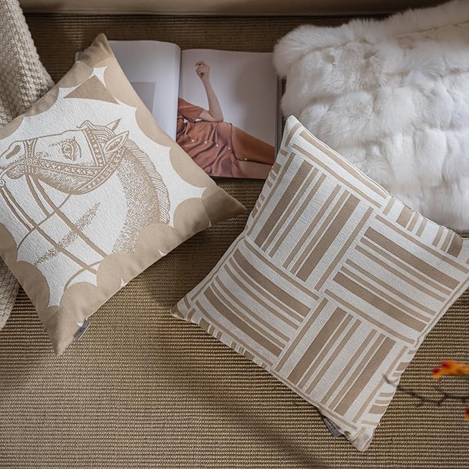 Premium Throw Pillow Covers 18x18 Inches - Oatmeal Mosaic Block Grid Chenille Jacquard Embroidery Decorative Couch Pillow Covers for Living Room Bedroom Sofa Home Décor