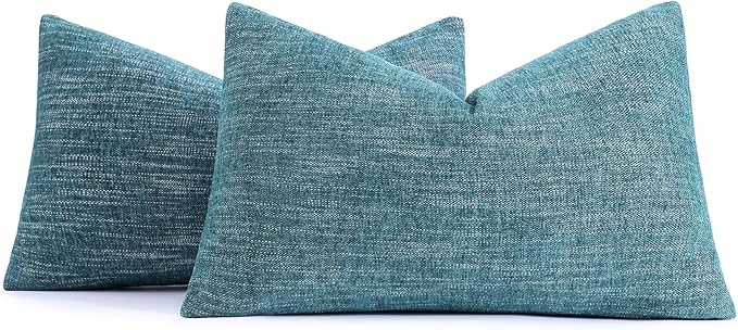 decorUhome Chenille Decorative Throw Pillow Covers 12x20 Set of 2, Lumbar Farmhouse Textured Neutral Solid Accent Pillow Covers for Couch Sofa Bed Living Room Home Decor, Teal
