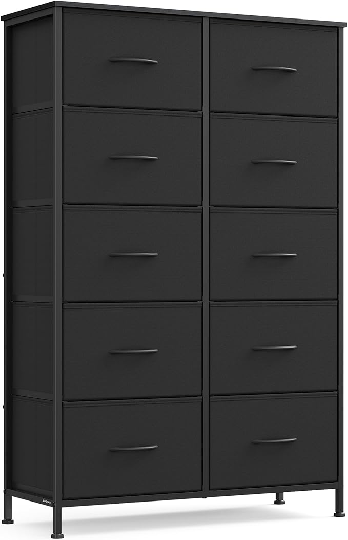 SONGMICS Dresser for Bedroom, Chest of Drawers, Steel, MDF, 10 Non-Woven Fabric Drawers, Storage Organizer Unit, Closet, Entryway, Rustic Brown and Ink Black ULGS125B01S