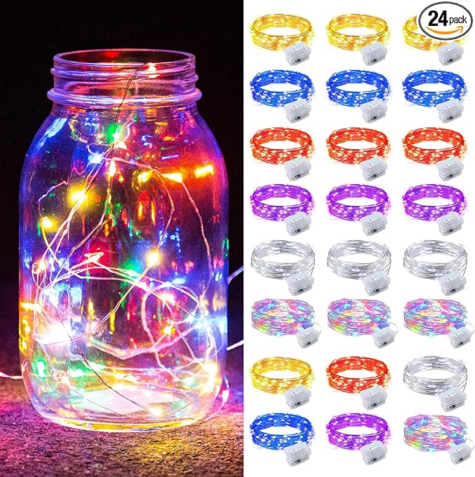 ZGWJ 24 Pack Fairy Lights Battery Operated, 7ft 20 Mini LED Fairy String Lights Silver Wire 3 Modes for DIY, Parties, Wedding, Bedroom, Halloween Christmas Decoration Mixed-Color