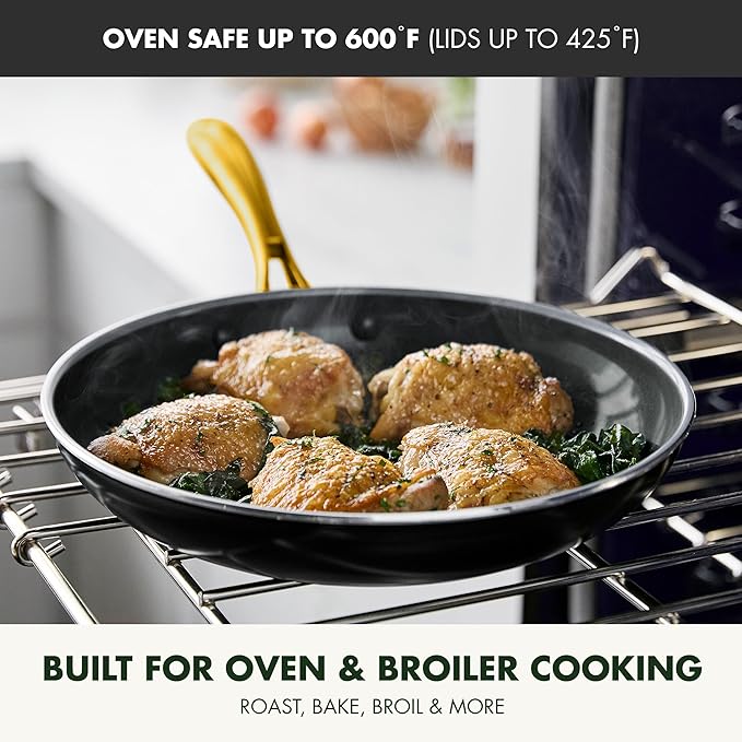 GreenPan 12 Piece Nonstick Swift Cookware Set, Ceramic PFAS-Free Pots & Pans with Lids, Dishwasher & Oven/Broiler Safe to 600F, Kitchen Cooking Set, Sauce, Saute, Stock, Frying Pans, Black/Gold